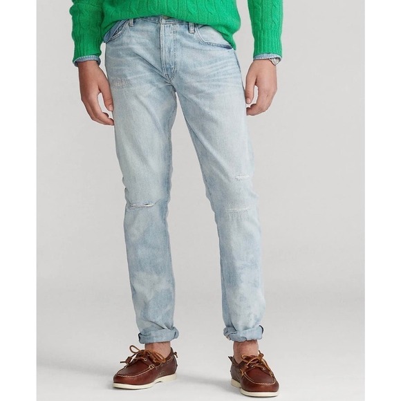 Polo Ralph Lauren Mens Varick Slim Straight Sun Faded Distressed Rope Dyed Jeans - Picture 1 of 16